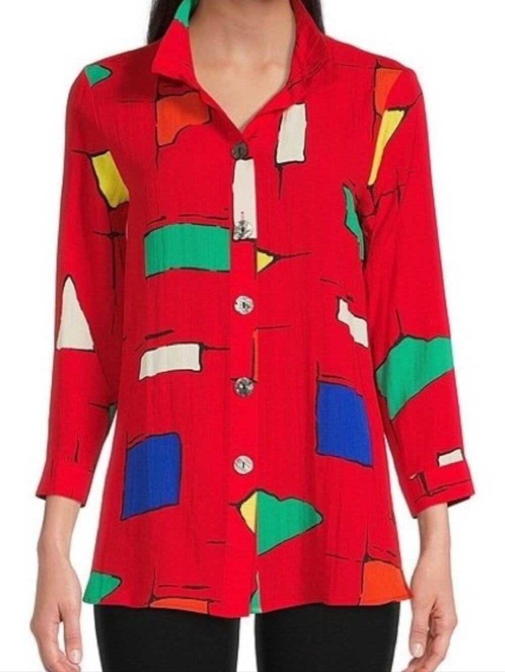 Ali Miles Red Geometric Print Tunic Top Button Up PL Petite Large